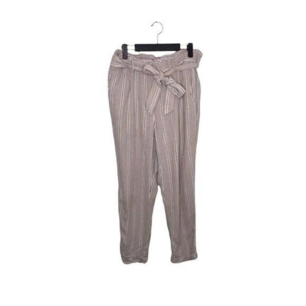 HM Striped Paperbag Waist Linen Blend Pants Beige White US 10